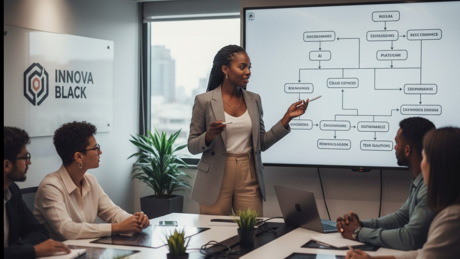 Empreender com tecnologia: Mulher negra, comandando uma reunião sobre como empreender com tecnologia, para afro-empreendedores em um escritório.