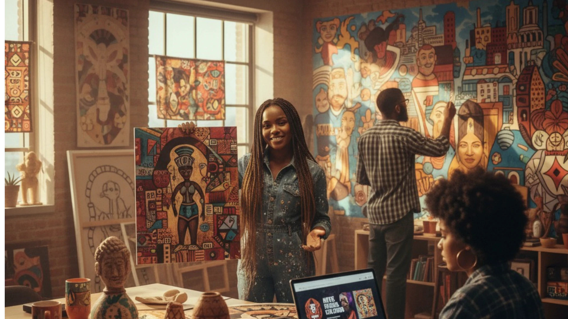 Empreendedorismo negro nas artes: artista negra sorrindo apresenta sua pintura afro-brasileira em estúdio colorido, cercada por colegas e obras vibrantes.