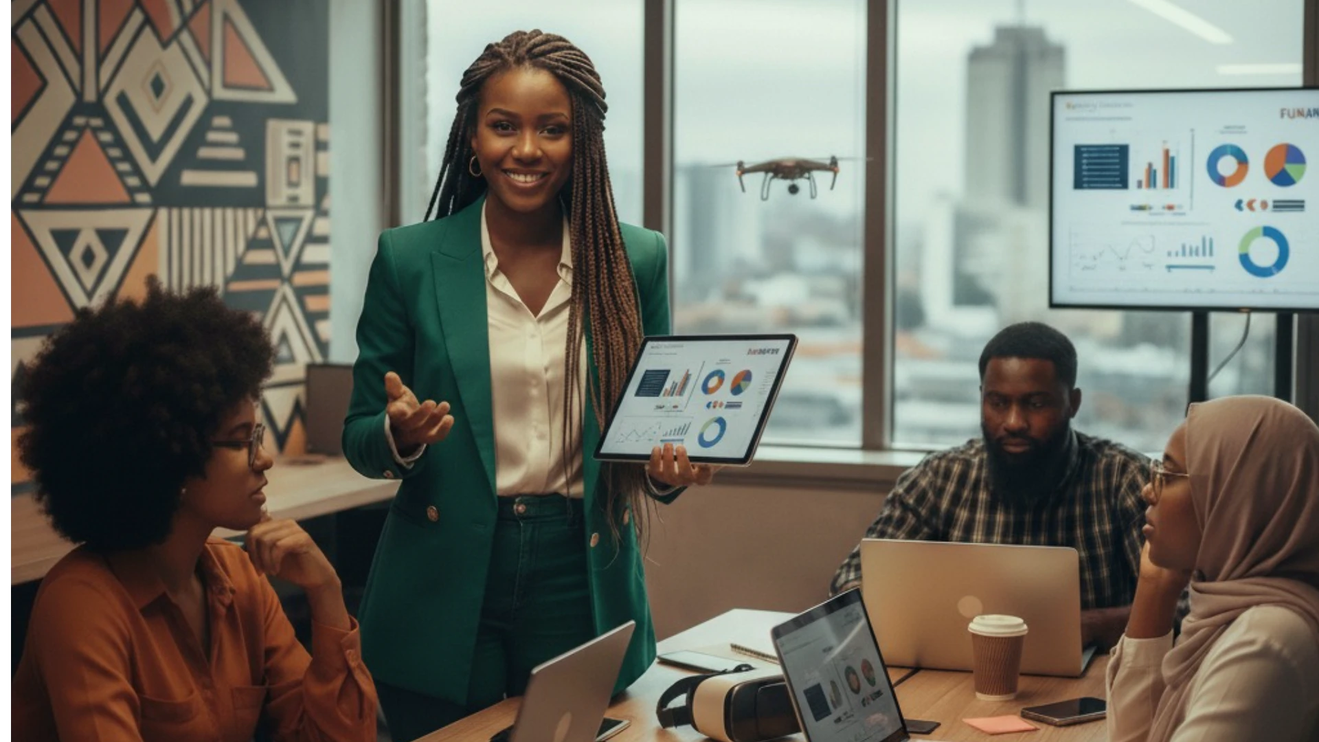 Empreendedorismo negro atual: mulher negra apresenta gráficos para equipe diversa durante reunião estratégica em ambiente corporativo.