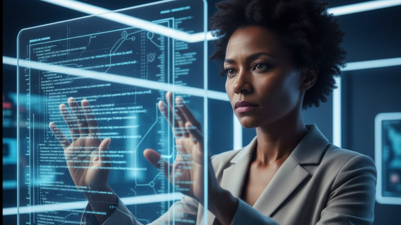 Uma mulher negra com cabelo afro curto, vestindo um blazer de cor clara, está em um ambiente de alta tecnologia. Ela interage com uma grande tela de vidro transparente que exibe dados, gráficos e linhas de código em tons de azul brilhante. Sua expressão é focada e ela usa as mãos para manipular as informações na interface digital.