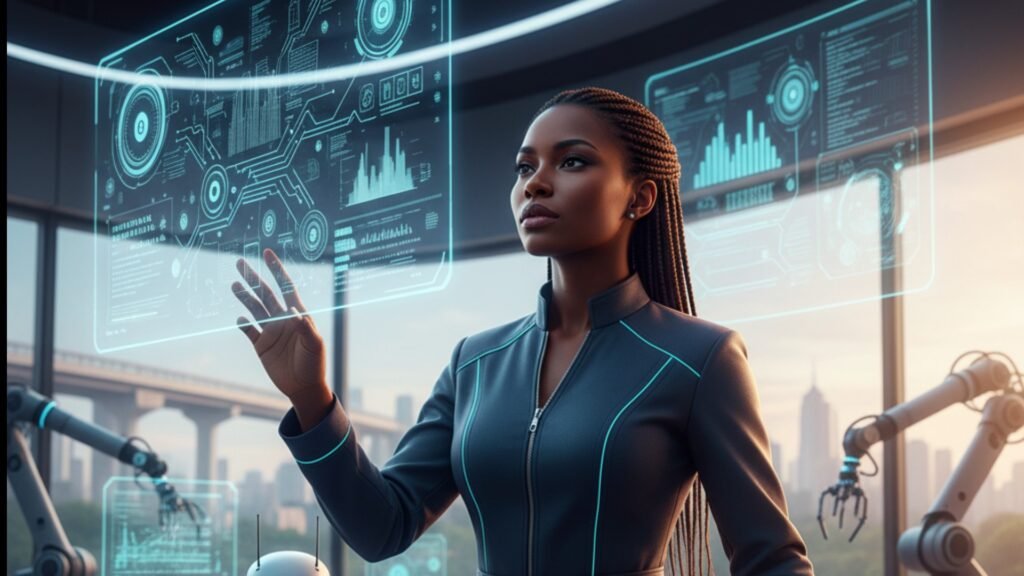 Uma mulher negra com longas tranças, vestindo um traje moderno e escuro, está em um ambiente futurista. Ela interage com uma grande tela holográfica transparente, que flutua à sua frente exibindo gráficos e dados complexos em azul brilhante. Ao fundo, veem-se braços robóticos e uma paisagem urbana através de uma grande janela, sugerindo um cenário de alta tecnologia e inovação.