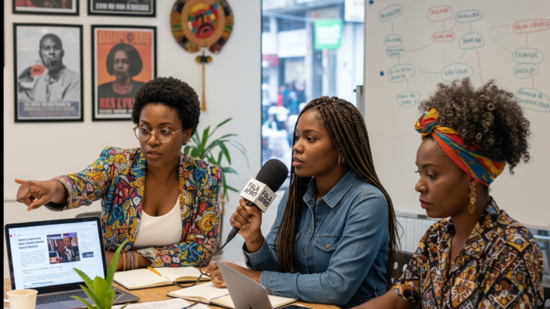Três mulheres negras estão sentadas em uma mesa de reunião ou gravação. A mulher no centro, de camisa jeans, fala em um microfone. A mulher à sua esquerda, vestindo um blazer estampado e óculos, aponta para a tela de um laptop. A mulher à direita, com um lenço colorido na cabeça, ouve atentamente. O ambiente parece ser um escritório criativo, com pôsteres emoldurados e um quadro branco com anotações ao fundo.