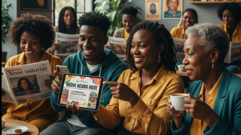 Um grupo intergeracional de pessoas negras está reunido em um ambiente acolhedor, como um café. Em primeiro plano, uma jovem sorridente de blusa amarela segura um tablet e aponta para a tela, que exibe um cartaz digital com o título "MÍDIA NEGRA HOJE". Ao lado dela, um jovem e uma senhora de cabelos grisalhos olham para o tablet com interesse e alegria. Ao fundo, outras pessoas negras conversam e leem jornais, criando uma atmosfera de comunidade e engajamento.