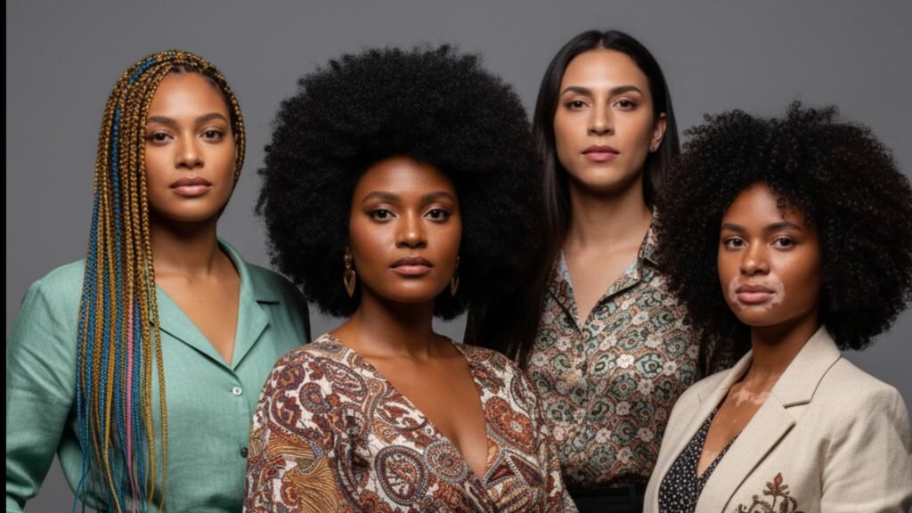 Close-up de quatro mulheres diversas e de ascendência negra, posando juntas contra um fundo cinza. Elas olham para a câmera com expressões sérias e confiantes. Da esquerda para a direita: a primeira mulher tem longas tranças coloridas; a segunda, no centro, tem um cabelo afro volumoso; a terceira, ligeiramente atrás, tem cabelos escuros e lisos; e a quarta mulher, à direita, tem um cabelo crespo e vitiligo no rosto.