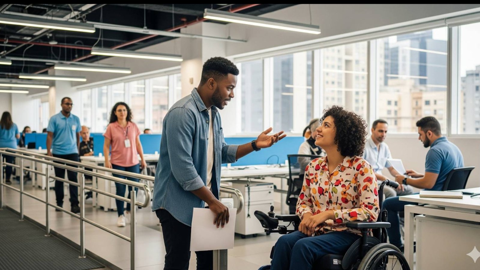 Ambiente de escritório moderno e iluminado, com várias pessoas trabalhando e interagindo. No centro, um homem em pé conversa sorrindo com uma mulher em cadeira de rodas, que também sorri. Ao fundo, há colegas em mesas com computadores e uma rampa de acesso com corrimãos, simbolizando inclusão e acessibilidade no local de trabalho.
