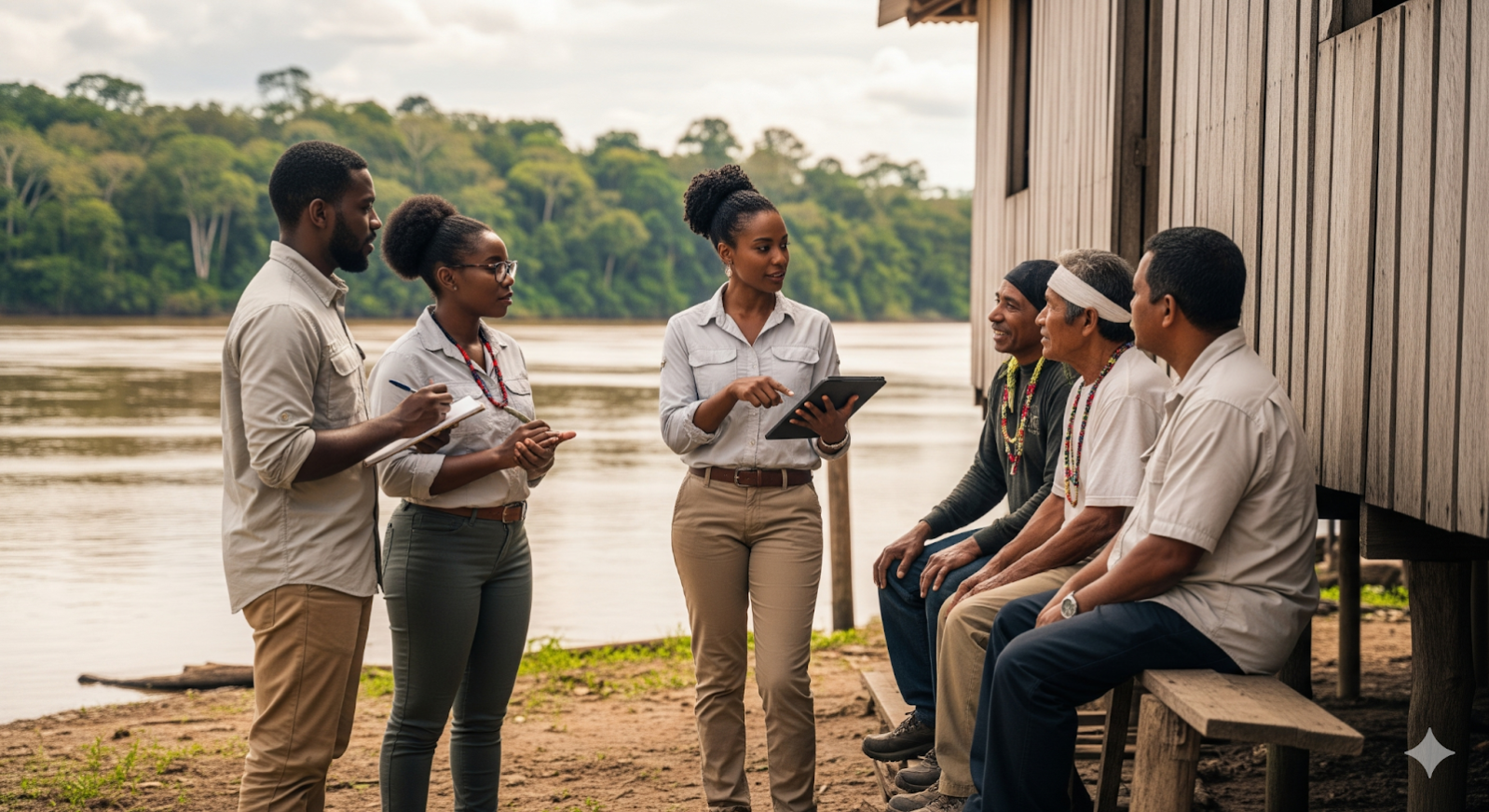 Profissionais negros discutem estratégias sustentáveis e de impacto social junto a comunidades ribeirinhas, promovendo desenvolvimento local e colaboração inclusiva.