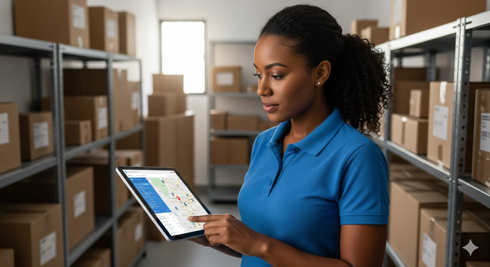 Uma mulher negra, vestindo uma camisa polo azul, está em um estoque ou armazém cercada por prateleiras altas cheias de caixas de papelão. Ela segura um tablet e aponta para a tela, que exibe um mapa com rotas ou localizações, ilustrando o uso de tecnologia no empreendedorismo para gerenciamento de logística ou inventário.