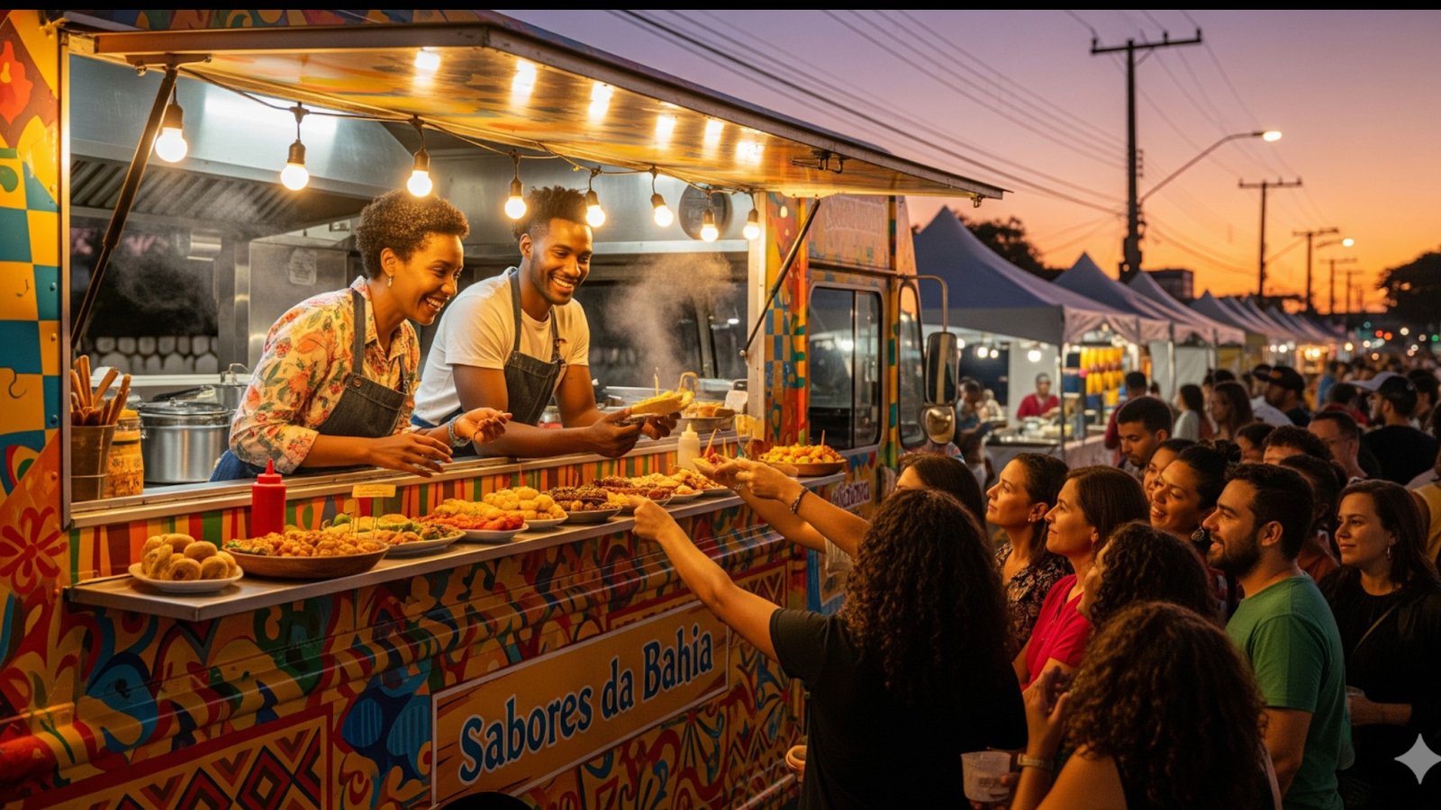 Uma foto vibrante de um food truck chamado "Sabores da Bahia" em uma feira noturna movimentada. Dois empreendedores sorridentes, um homem e uma mulher, servem pratos coloridos de comida baiana a uma fila de clientes animados. O food truck tem uma arte alegre e colorida. A cena é iluminada por luzes quentes, capturando a energia do evento ao pôr do sol ou anoitecer.