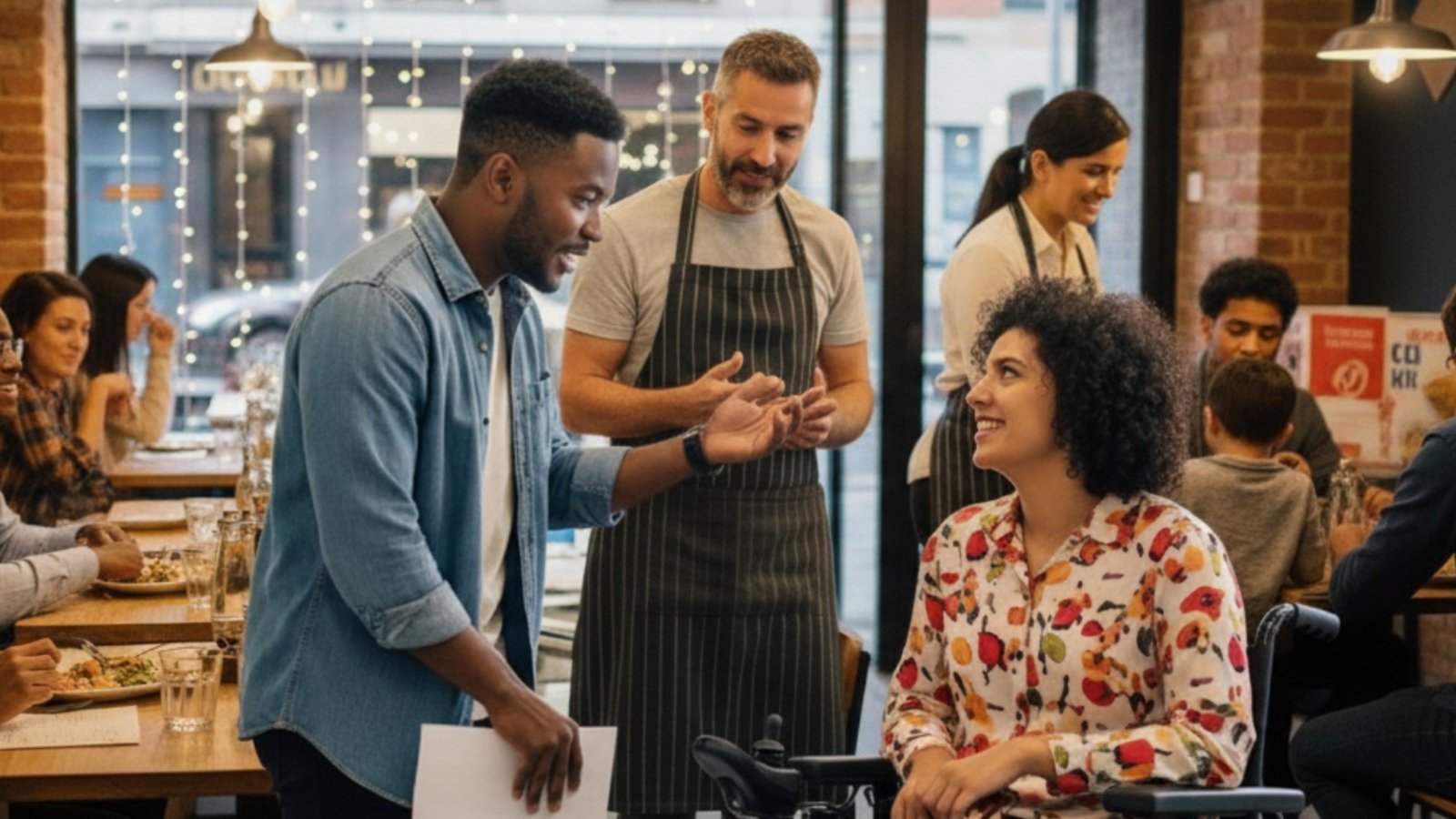 Empreendedorismo gastronômico: A imagem mostra uma cena em que um empreendedor gastronômico conversa com clientes e equipe em um restaurante, simbolizando atendimento humanizado e de sucesso no setor de alimentação.