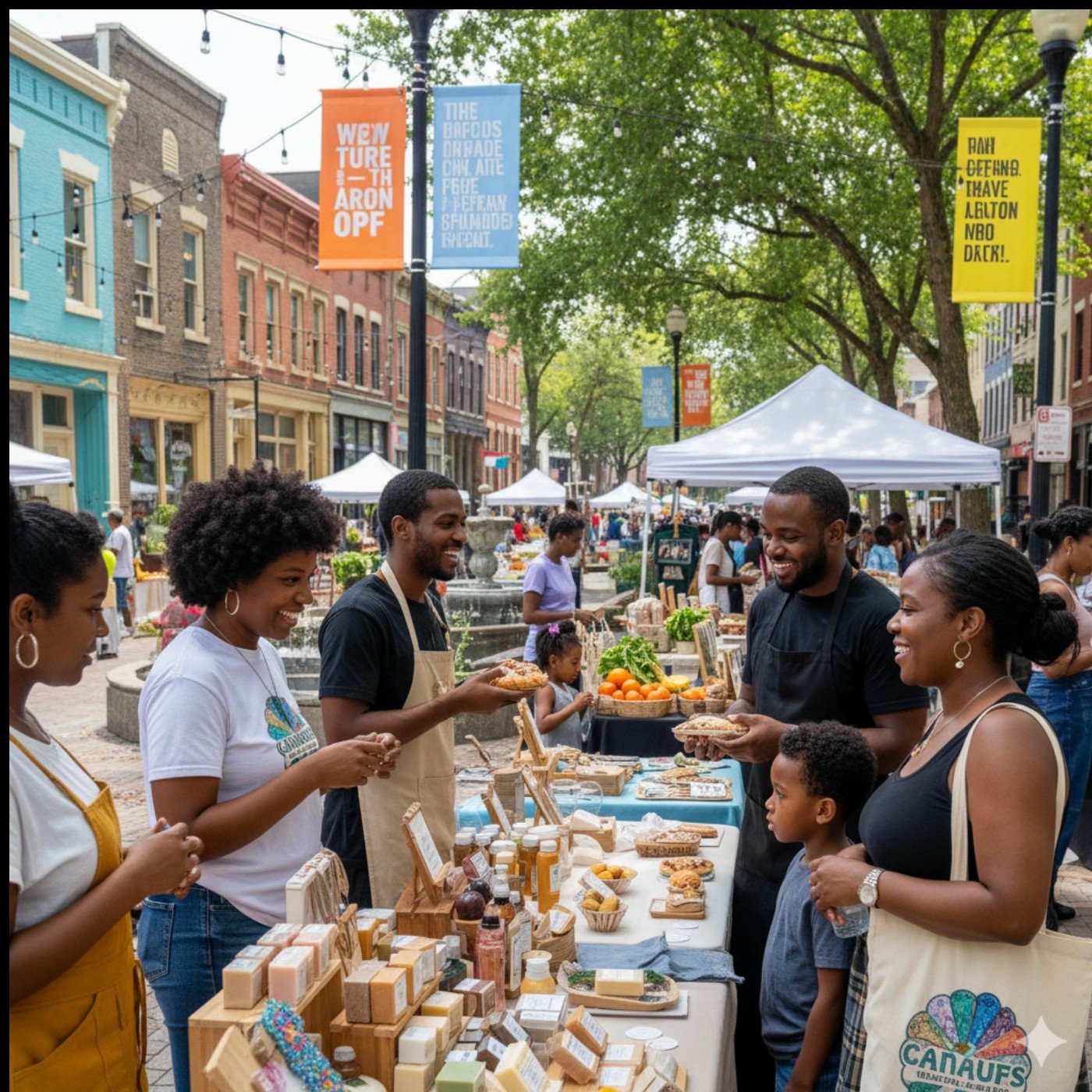 Empreendedores negros da periferia em uma feira de rua, vendendo produtos artesanais e alimentos como frutas e verduras, para moradores locais