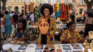 Empreender com criatividade: Empreendedores negros em feira de artesanato, exibindo produtos como cerâmica e tecidos vibrantes. A imagem representa a força da cultura e inovação no afroempreendedorismo.