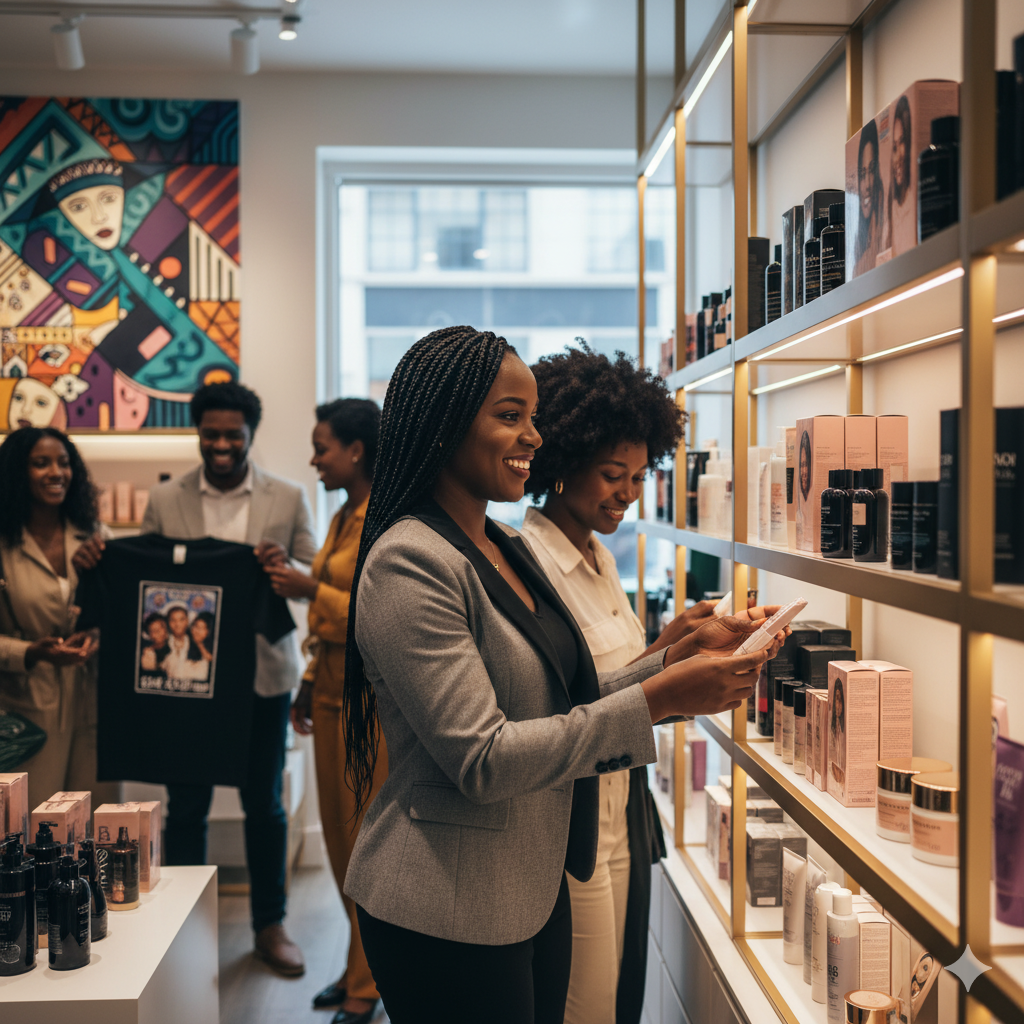 Clientes engajadas em uma loja moderna, com mulheres negras examinando produtos de beleza. Esta imagem representa a importância de empreender com representatividade e como o afro-empreendedorismo cria negócios que se conectam autenticamente com a diversidade do mercado consumidor, gerando impacto social e crescimento.