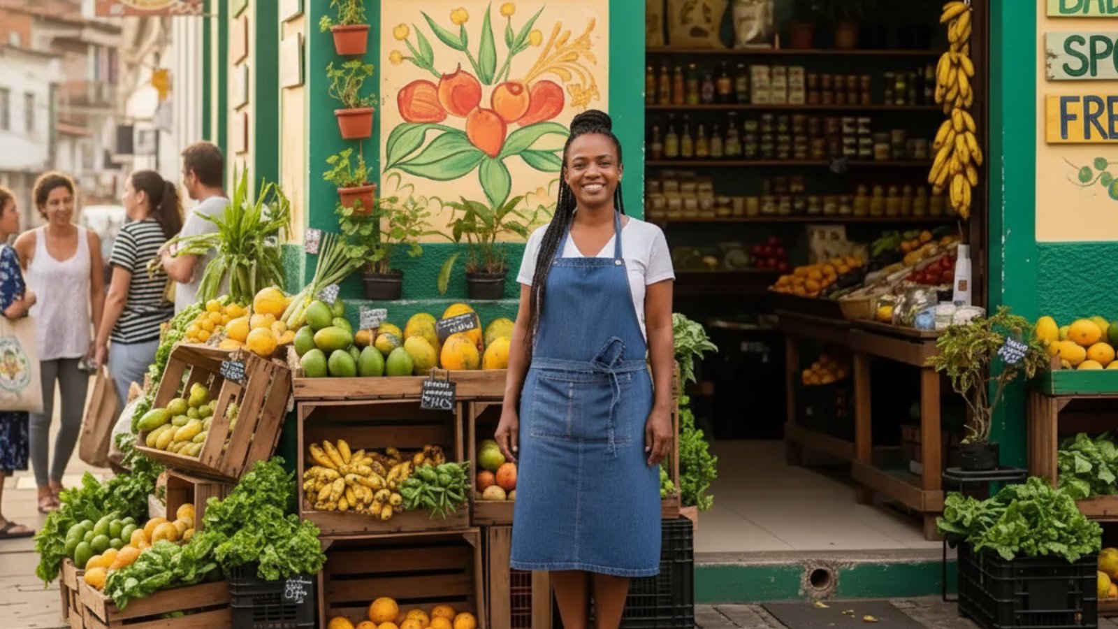 Empreender na comunidade: Periferia, com uma mulher negra em frente à sua mercearia local de frutas e verduras, simbolizando o empreendedorismo que fortalece a economia e o orgulho da comunidade.
