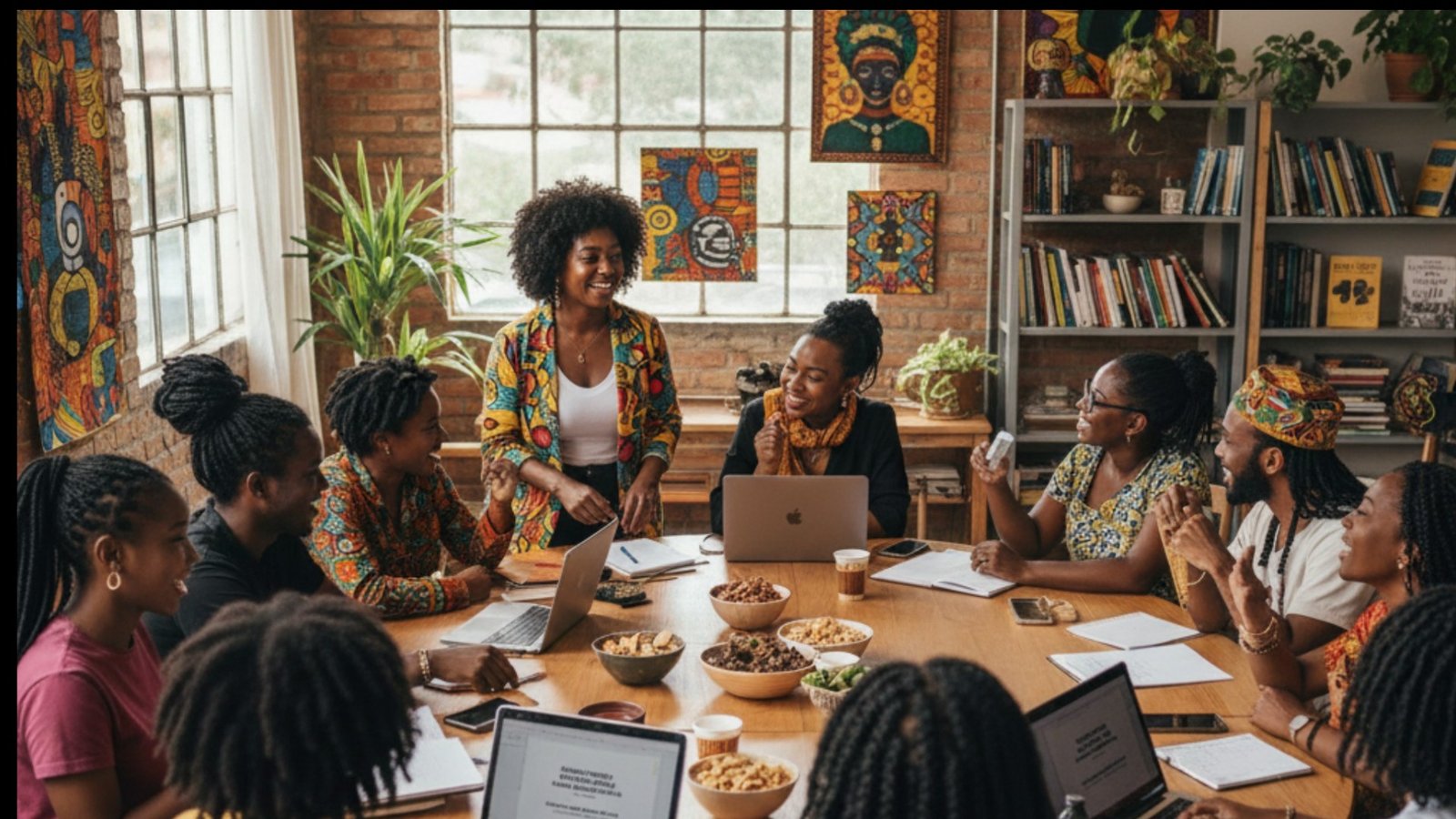 Um grupo de nove mulheres negras em uma reunião de trabalho colaborativa e animada. Elas estão sentadas ao redor de uma grande mesa de madeira em um escritório com decoração criativa, que inclui quadros de arte de inspiração africana. Vários laptops e tigelas de lanches estão sobre a mesa. Uma mulher, usando uma jaqueta colorida, está em pé à cabeceira da mesa, sorrindo e liderando a discussão.