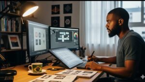 Um designer gráfico negro, visto de perfil, trabalhando concentrado em sua mesa de escritório em casa. Ele usa uma caneta digital em uma mesa digitalizadora (tablet gráfico), com dois monitores grandes à sua frente exibindo um software de design. Sobre a mesa, há uma luminária acesa, cadernos de esboço abertos e uma caneca com a bandeira do Brasil.