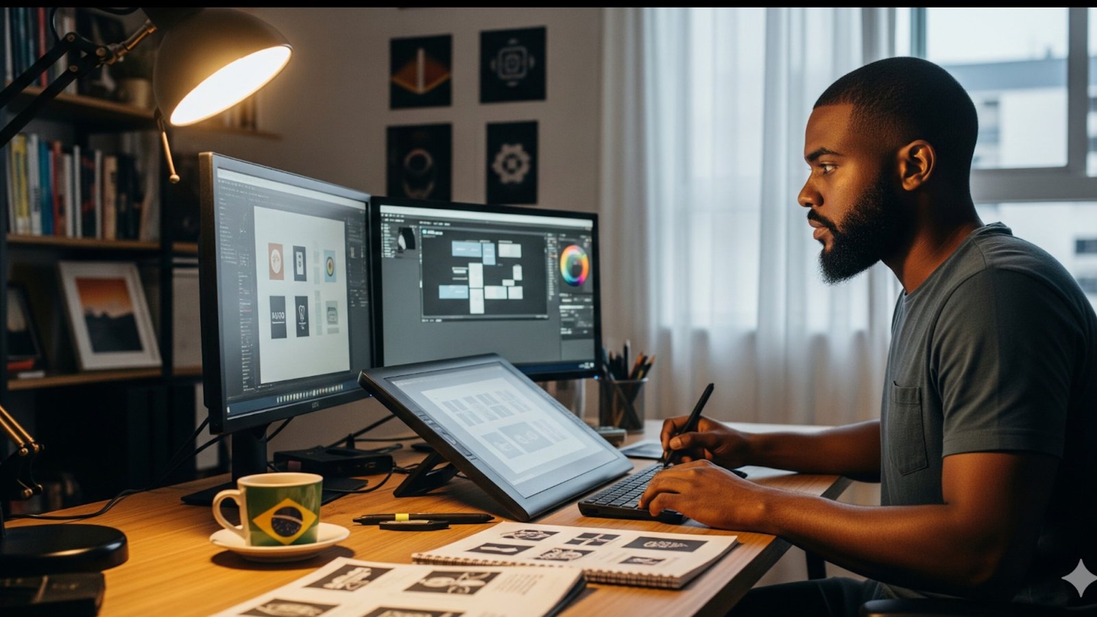 Um designer gráfico negro, visto de perfil, trabalhando concentrado em sua mesa de escritório em casa. Ele usa uma caneta digital em uma mesa digitalizadora (tablet gráfico), com dois monitores grandes à sua frente exibindo um software de design. Sobre a mesa, há uma luminária acesa, cadernos de esboço abertos e uma caneca com a bandeira do Brasil.