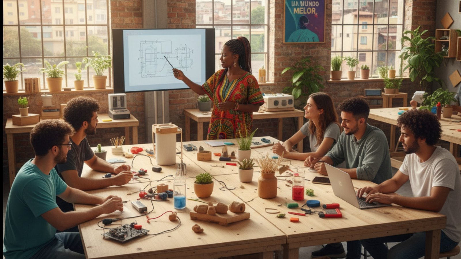 Uma mentora negra, vestindo um colorido vestido de estampa africana, está em pé apresentando um diagrama técnico em uma tela digital para um grupo de jovens diversos. Eles estão sentados ao redor de mesas de madeira em uma oficina criativa, trabalhando com laptops e componentes eletrônicos, ilustrando o conceito de empreender com impacto social através da educação e inovação tecnológica.