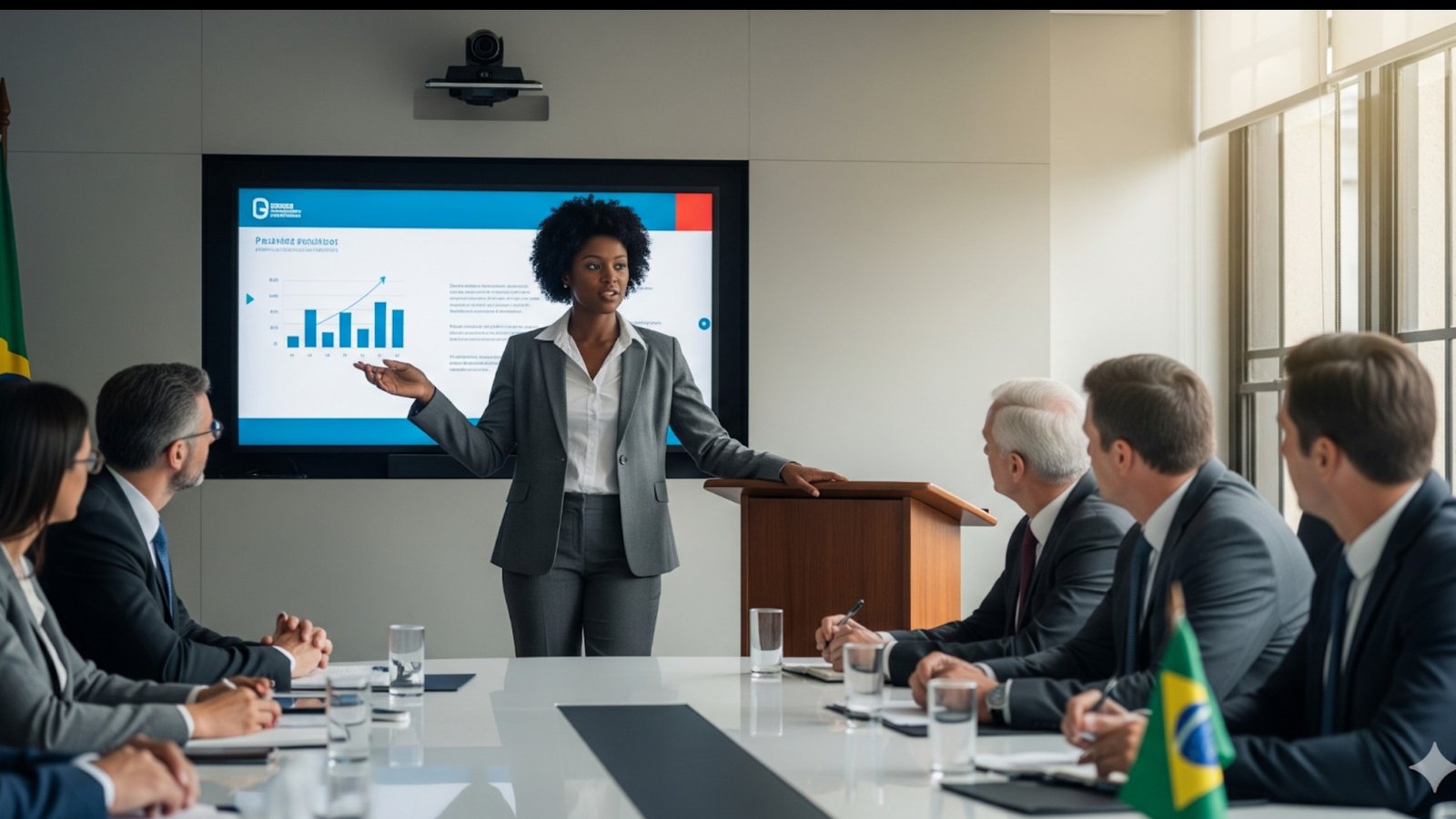 Empreender nas empresas,representado por uma mulher apresentando resultados em uma reunião corporativa.