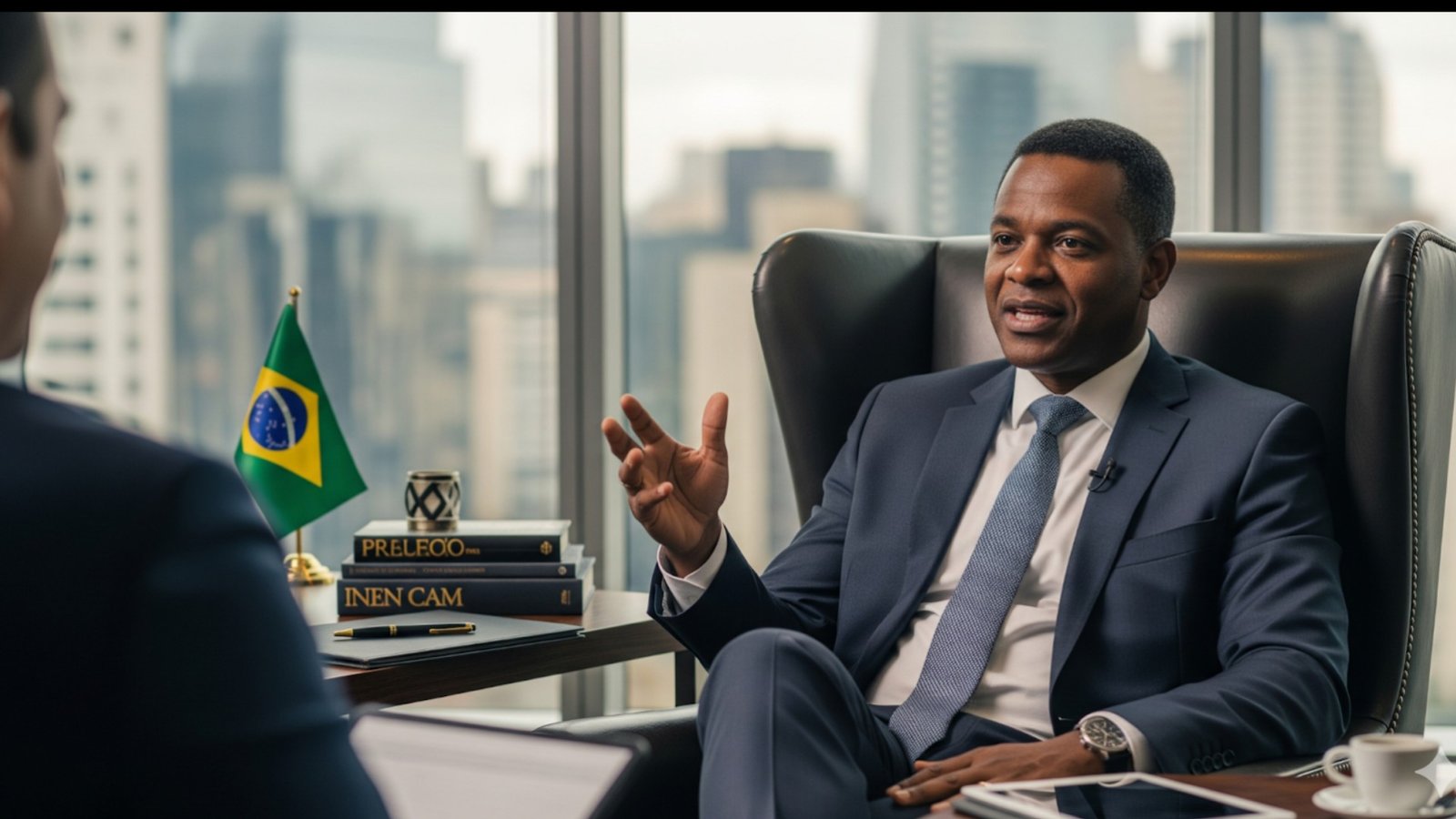 Homem negro sentado em cadeira de mesa de cargo executivo em prédio de luxo, com vustaoara uma grande cidade ao fundo.